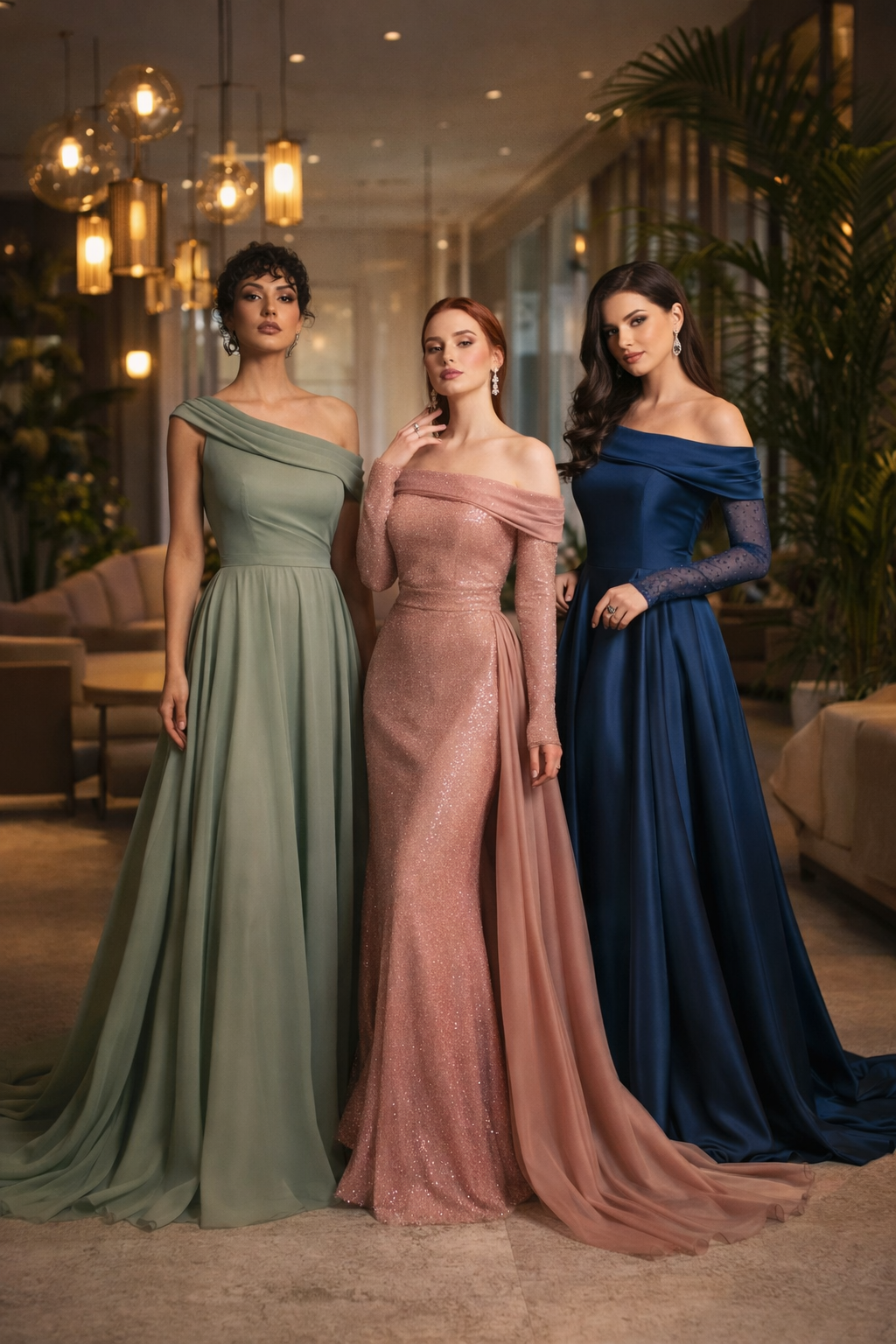 3 Frauen im hochwertigen Zimmer in eleganten Abendkleidern