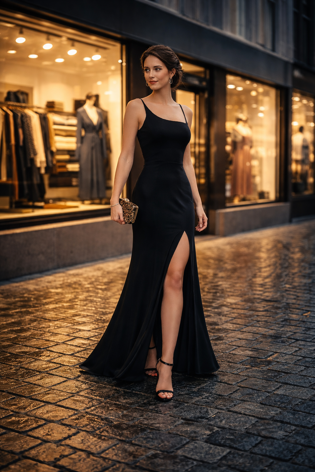 Frau im eleganten Abendkleid, vor einem Modegeschäft 